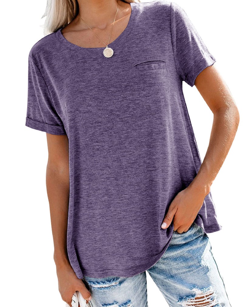 Bingerlily Women's Roll Up Short Sleeve T Shirts Summer Crew Neck Tops Loose Causal Tees with Pocket Purple - Image 1